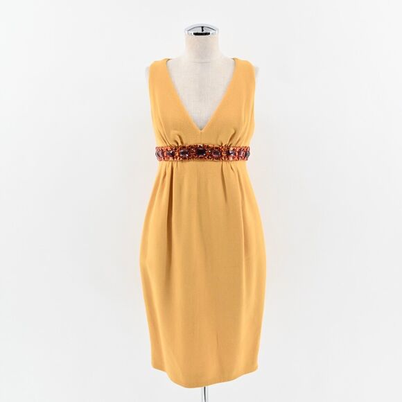Vtg GIO GUERRERI Dress Size 42 Yellow Wool Blend Embellished Sleeveless VNeck - Picture 1 of 13